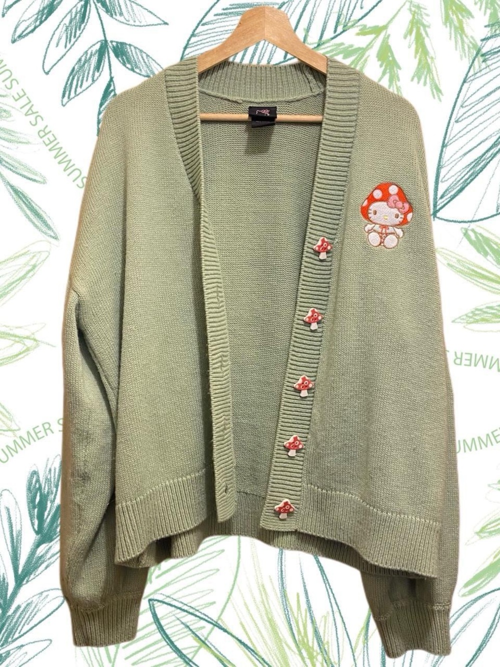 Hello Kitty Sage Green V-Neck Button Cardigan with Mushroom Buttons - Picture 6 of 6